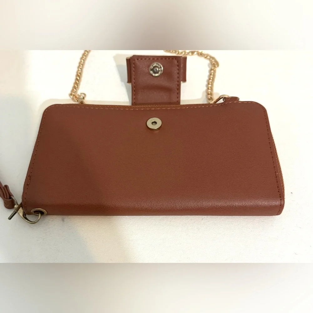 Brown Bow-Accent Wristlet Wallet Small Purse with Gold Chain
